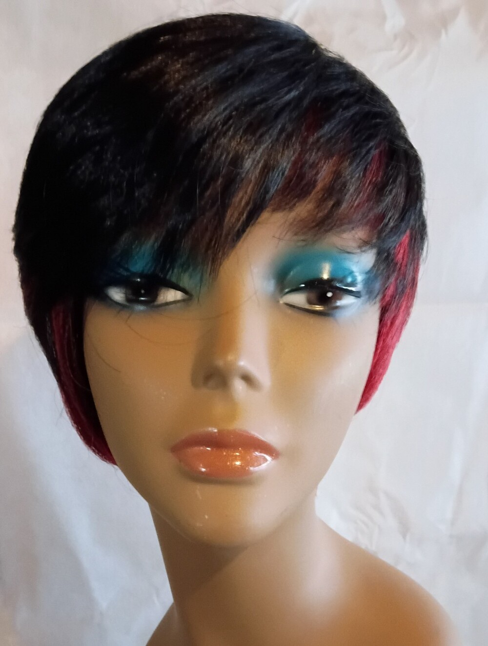 Short Layered Women’s Wig - Black with Red Highlights